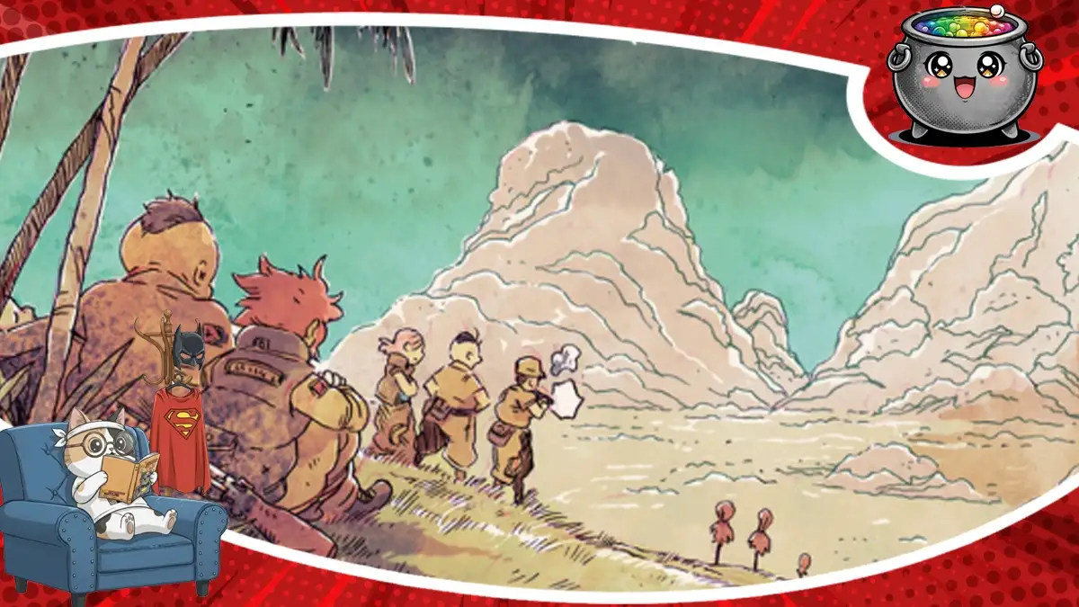 Ilustracja z recenzji komiksu PTSD przedstawiająca grupę postaci w pustynnym, górzystym krajobrazie, obserwowaną przez żołnierzy siedzących na zboczu.