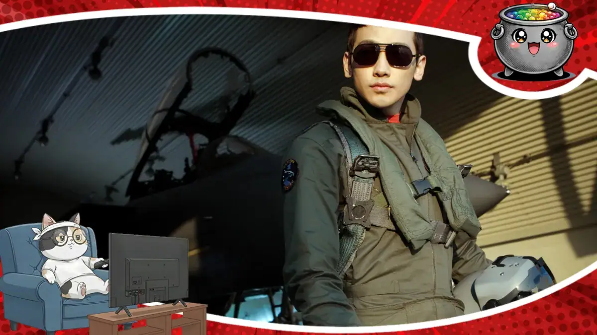 Koreański pilot w okularach przeciwsłonecznych na tle myśliwca – kadr z filmu R2B: Return to Base