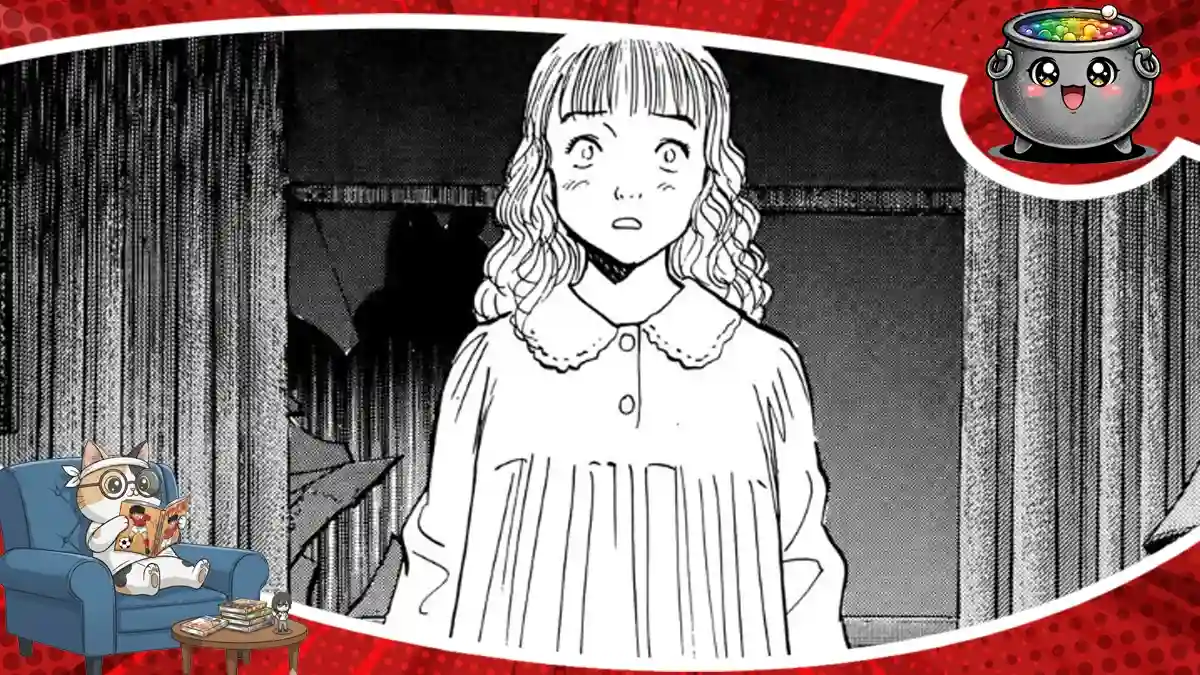 Czarno-biały kadr z mangi Monster autorstwa Naokiego Urasawy, przedstawiający zszokowaną młodą dziewczynę w nocnej koszuli stojącą w zniszczonym pomieszczeniu.
