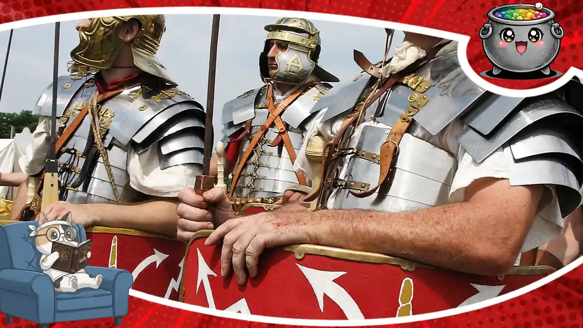 Rekonstruktorzy historyczni w pełnym rzymskim uzbrojeniu, pancerzach segmentowych i hełmach, trzymający czerwone tarcze na potrzeby recenzja książki Ku chwale Rzymu.