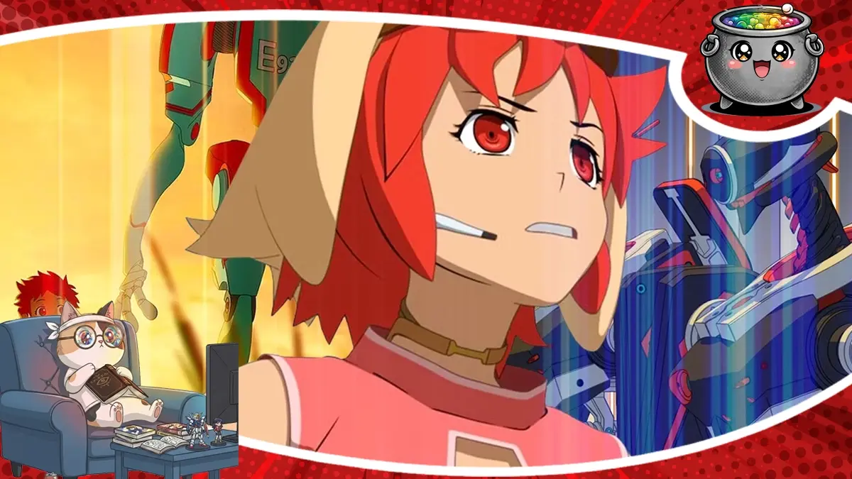 Zdeterminowana Sara o różowych włosach w kadrze z recenzji anime Eden, ukazującym futurystyczny świat zamieszkany przez roboty i mechy rolnicze.