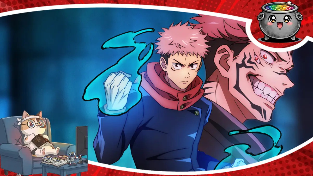Yuji Itadori z Jujutsu Kaisen z pięścią spowitą błękitną energią na tle złowieszczego Sukuny – grafika główna do recenzji 1. sezonu anime.