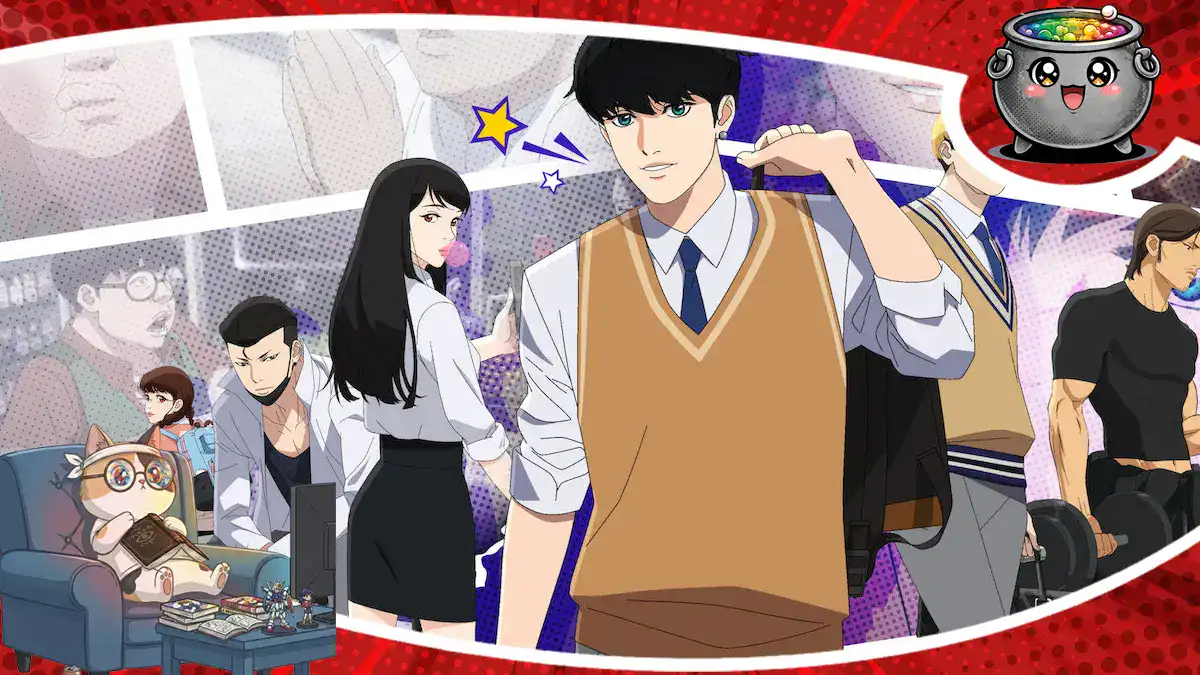 Oto propozycja tekstu ALT dla grafiki image_1f0795.jpg: Bohaterowie animacji Lookism w szkolnych mundurkach na tle fioletowego kolażu – grafika główna do recenzji serialu Netflix.
