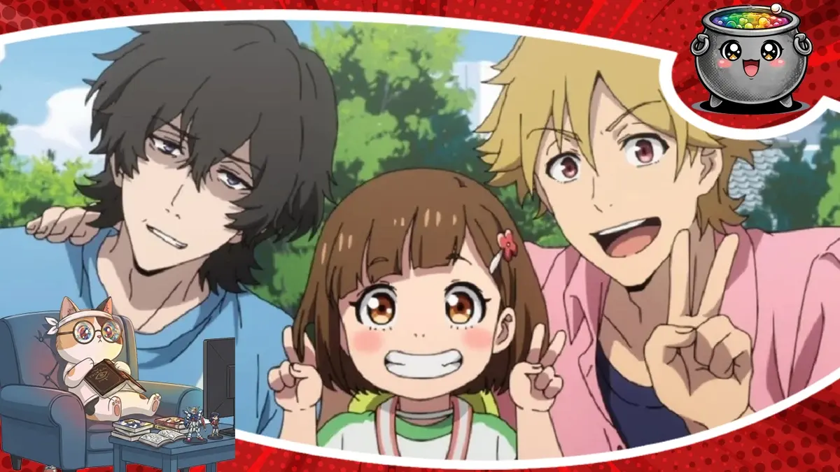 Kadr z recenzji anime Buddy Daddies, przedstawiający trójkę głównych bohaterów: Kazukiego, Reia oraz uśmiechniętą dziewczynkę Miri pokonującą radosne gesty do zdjęcia.