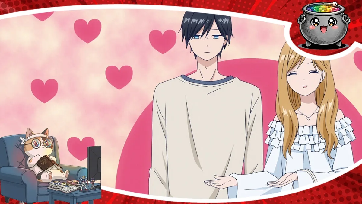Urocza scena z anime My Love Story with Yamada-kun at Lv999 przedstawiająca głównych bohaterów w romantycznej atmosferze, widoczna na grafice.