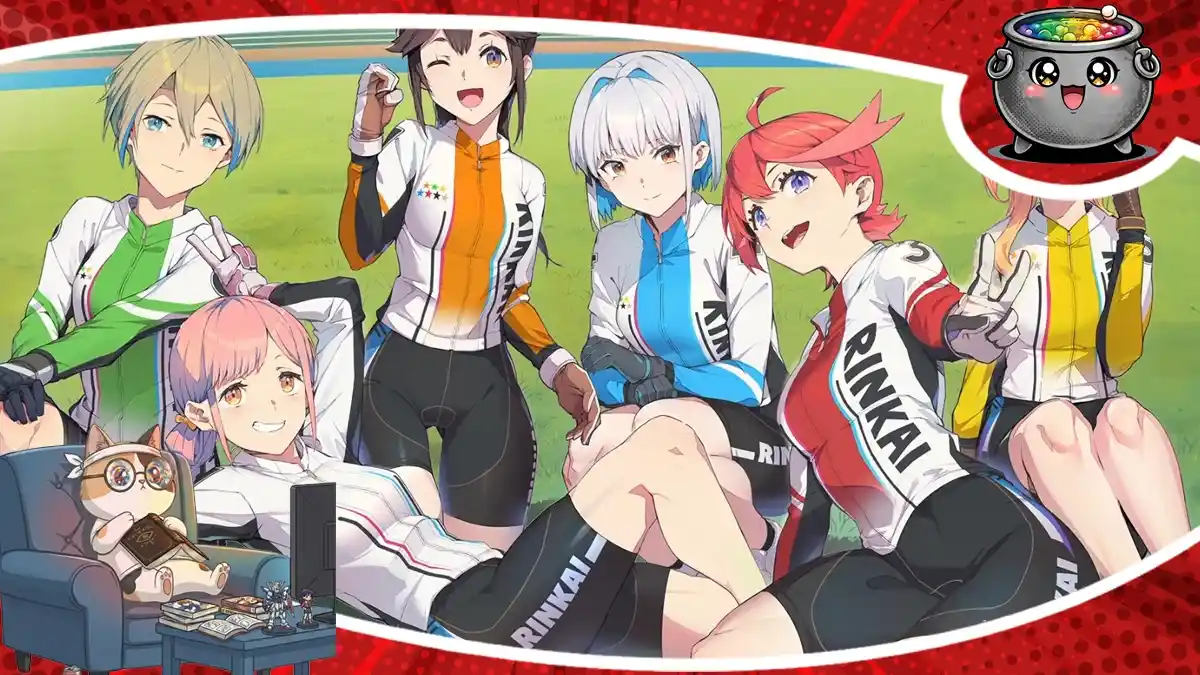 Grupa zawodniczek w strojach kolarskich z anime Rinkai!, ukazująca sportową rywalizację i pasję w tej dynamicznej produkcji o świecie kolarstwa torowego.