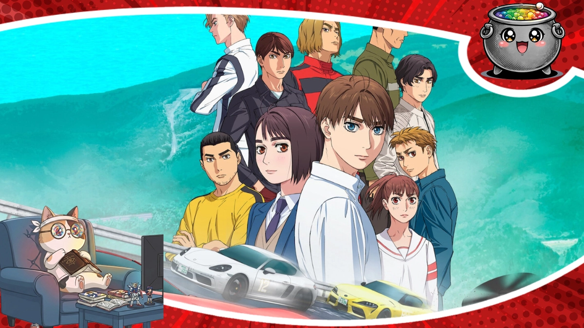 Ilustracja z recenzji pierwszego sezonu anime MF Ghost, przedstawiająca Kanatę Rivingtona oraz pozostałych kierowców i bohaterów serii na tle sportowych samochodów i górskiej trasy.
