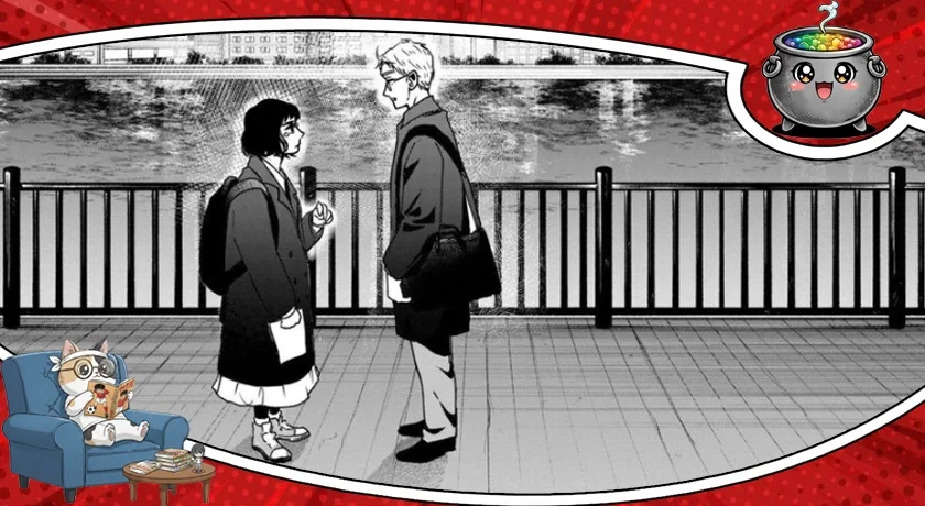 Czarno-biała ilustracja przedstawiająca dziewczynę i mężczyznę rozmawiających na bulwarze nad rzeką – grafika główna do recenzji tomów 1-2 mangi Kto widział taniec pawia?