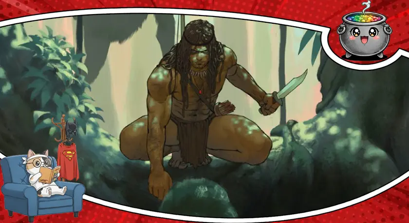 Tarzan kucający w dżungli z nożem w dłoni – grafika główna do recenzji komiksu Tarzan Człowiek Małpa.