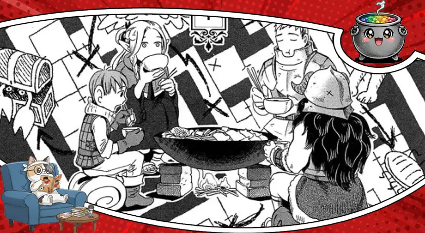 Bohaterowie Dungeon Meshi jedzący posiłek przy ognisku w lochu – czarno-biała ilustracja z mangi będąca grafiką główną do recenzji tomów 1-2.