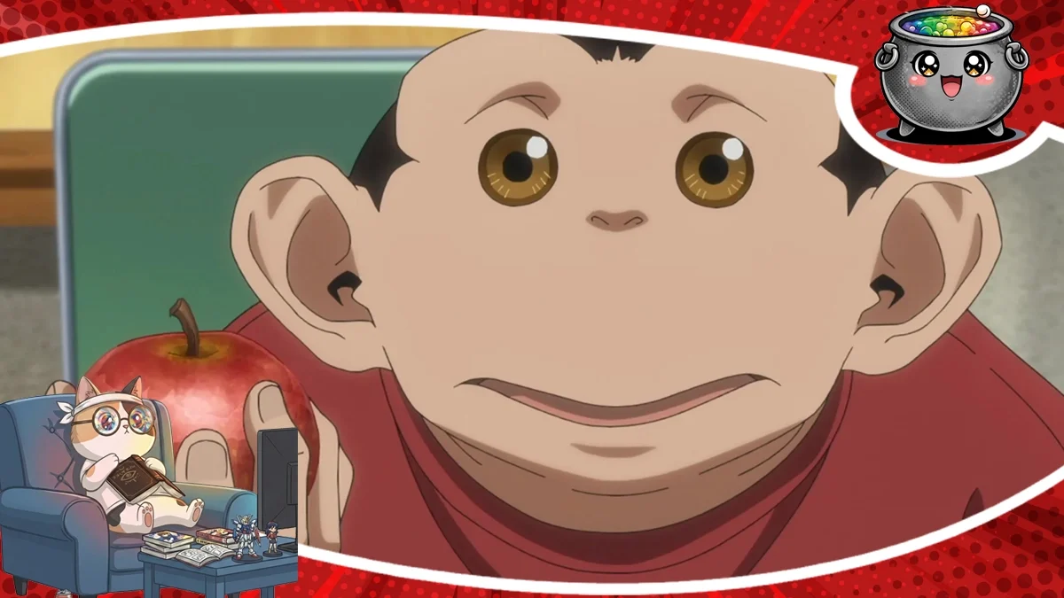 Zbliżenie na twarz humanoidalnego szympansa o imieniu Charles, trzymającego czerwone jabłko, w kadrze zapowiadającym recenzję anime Incydent Darwina.