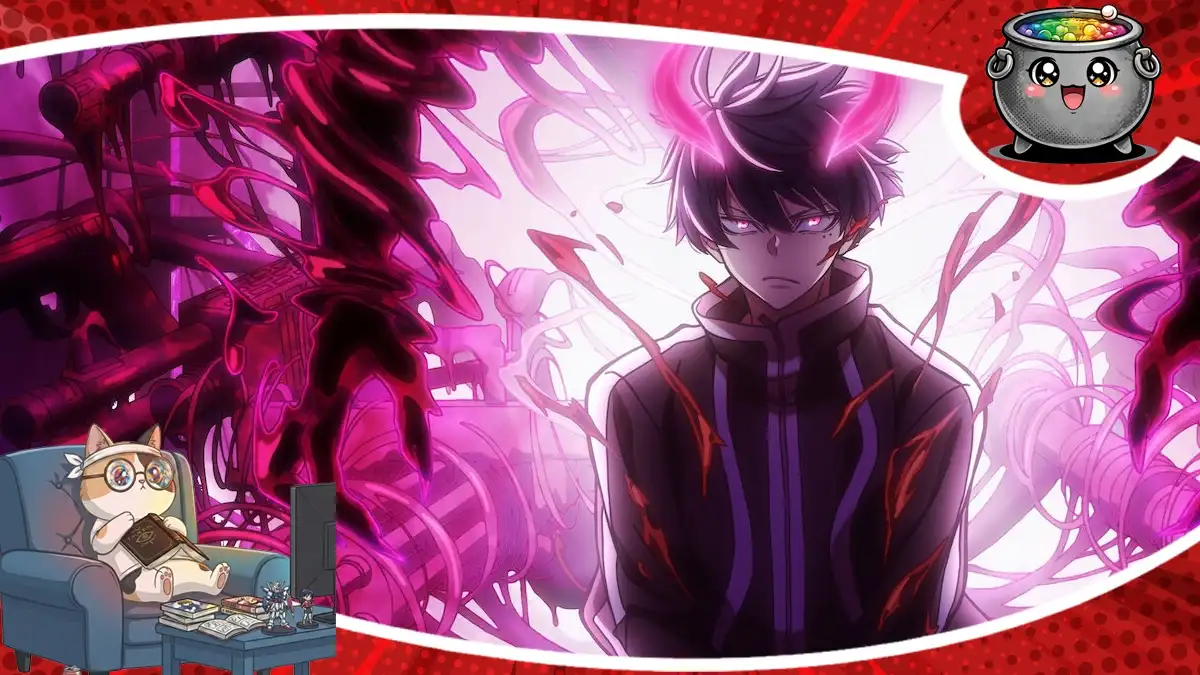 Kadr z recenzji pierwszego sezonu anime Tougen Anki, przedstawiający Shiki Ichinose otoczonego potężną, różowo-fioletową demoniczną aurą z widocznymi świetlistymi rogami.