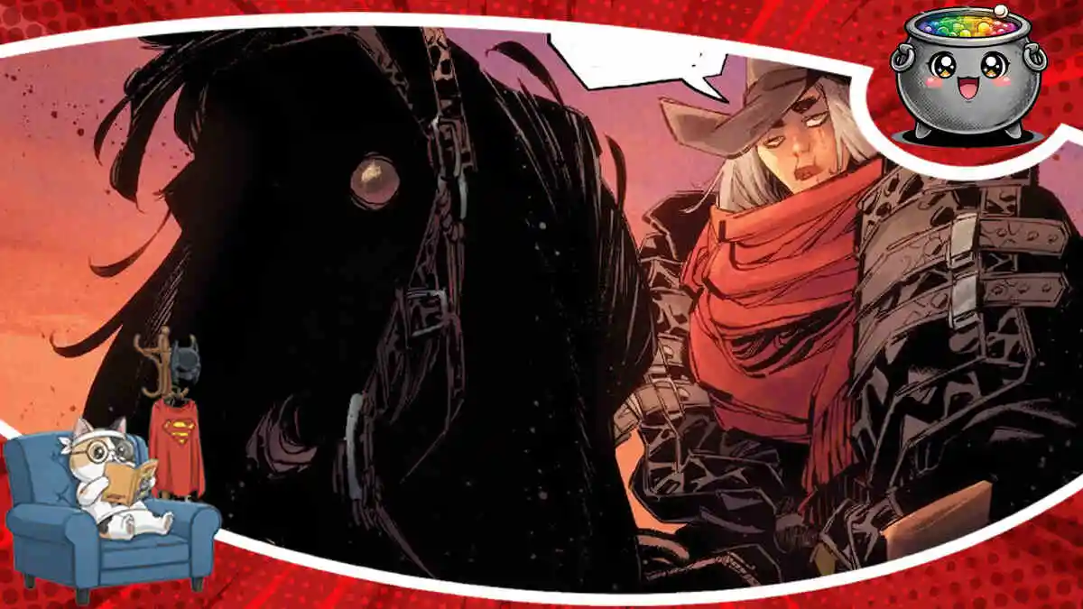 Kobieta w kapeluszu i czerwonej chuście obok czarnego konia – ilustracja komiksowa będąca grafiką główną do recenzji Ain't No Grave.