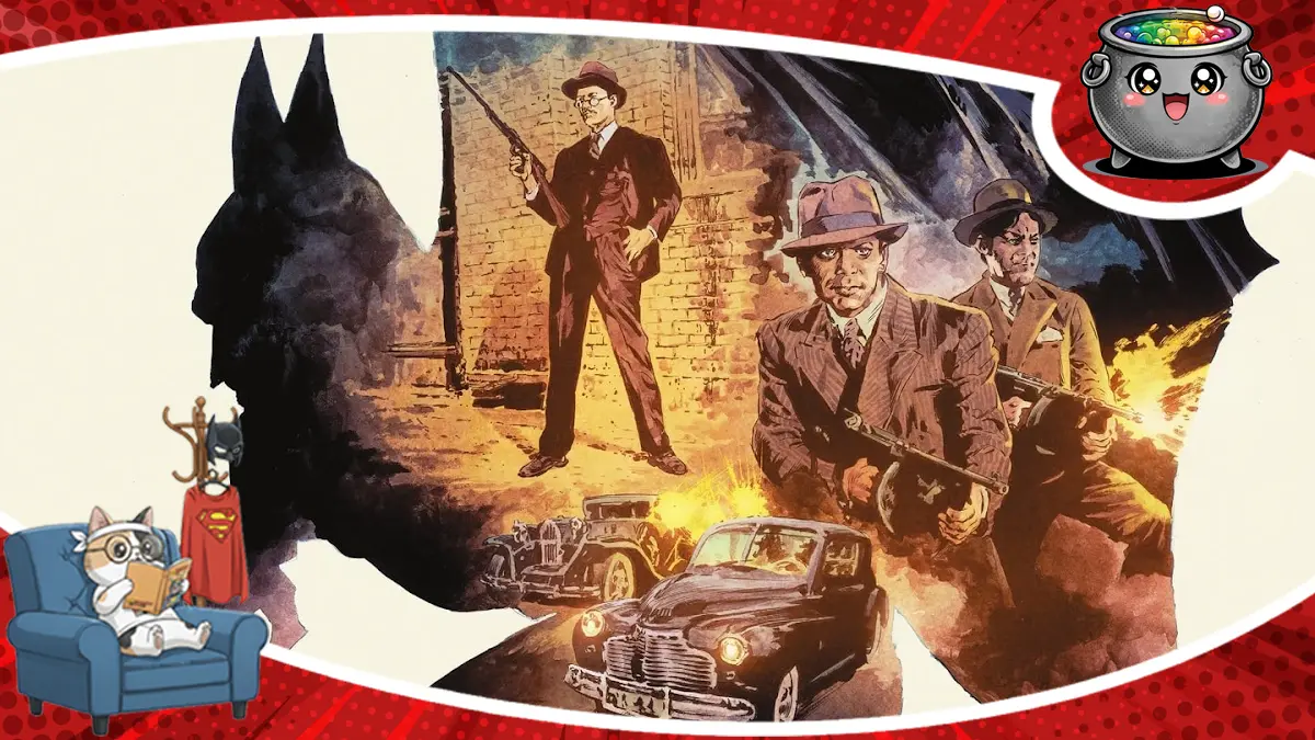 Okładka komiksu Batman Pierwszy Rycerz: Batman w kostiumie retro przy starym aucie w stylistyce lat 30.