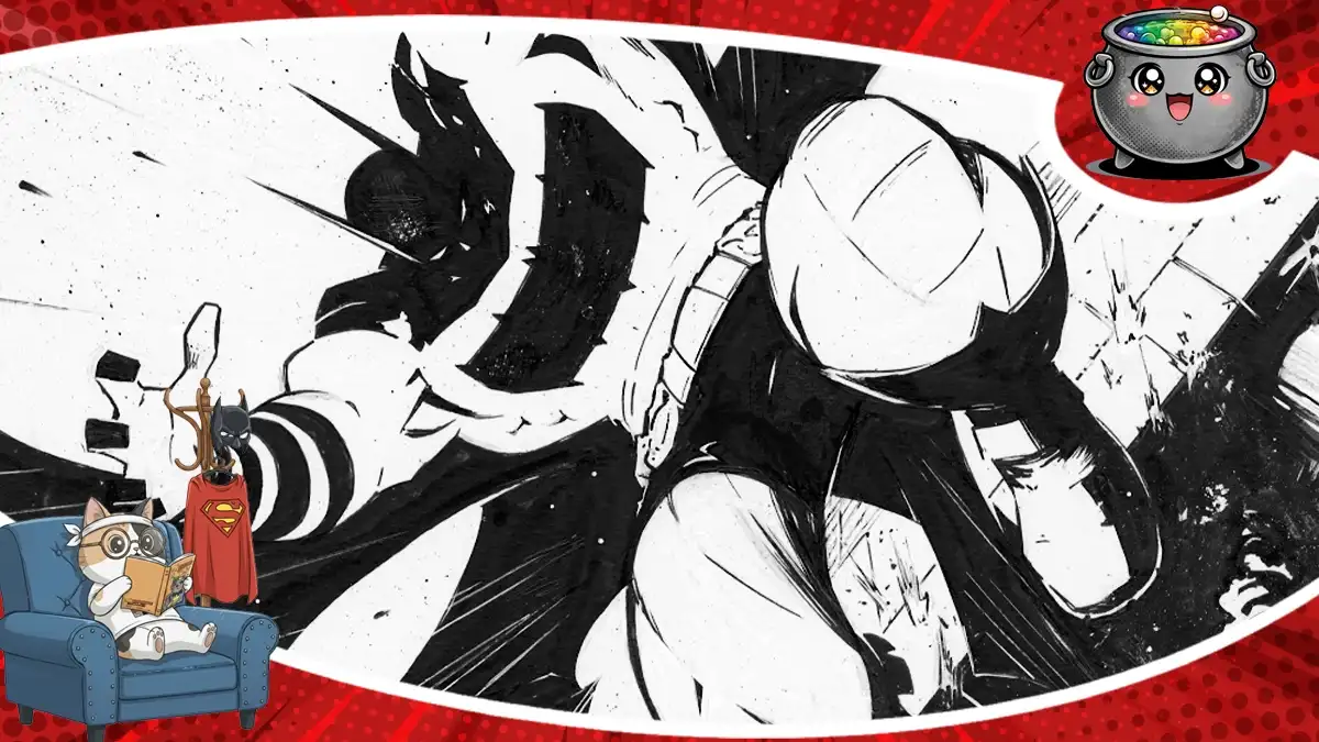 Mroczny, czarno-biały kadr z komiksu DC Absolute prezentuje dynamiczną sylwetkę Batmana w brutalnej walce, przebijającego się przez ścianę.