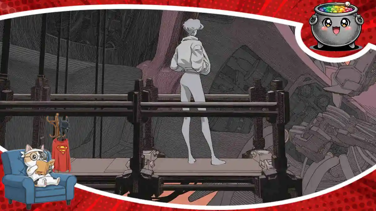 Postać stojąca na pomoście wewnątrz wielkiego mecha – grafika główna do recenzji komiksu Dawnrunner.