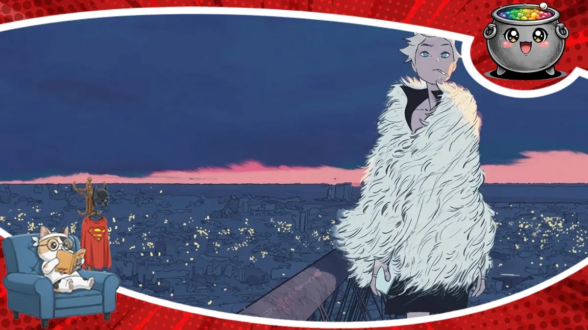 Blondwłosa postać w futrzanym płaszczu na tle nocnej panoramy Barcelony – grafika główna do recenzji komiksu Jestem zagubionym aniołem.