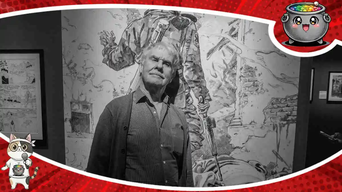 Hermann Huppen stojący na tle wielkoformatowej ilustracji komiksowej – czarno-białe zdjęcie artysty, grafika do wywiadu z artystą.