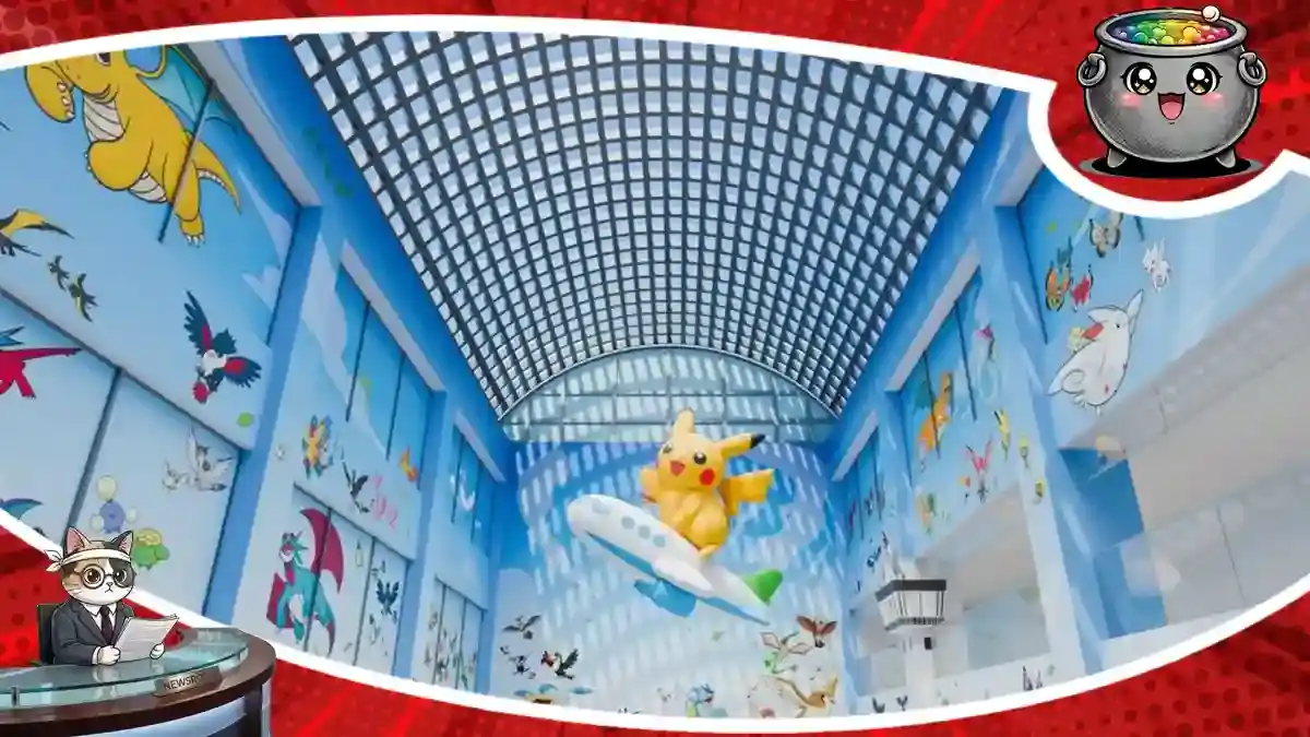 Wnętrze Pokémon lotnisko Noto w Japonii z ogromną figurą Pikachu na samolocie. Ściany zdobią latające Pokémony, tworząc magiczny klimat podróży.