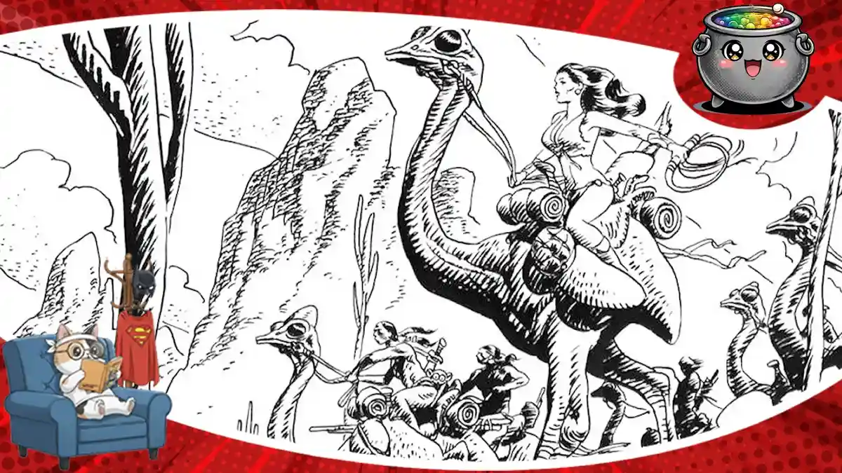 Czarno-biała ilustracja przedstawiająca kobietę jadącą na wielkim ptaku w fantastycznym świecie – okładka do recenzji komiksu Świat Sarvan.