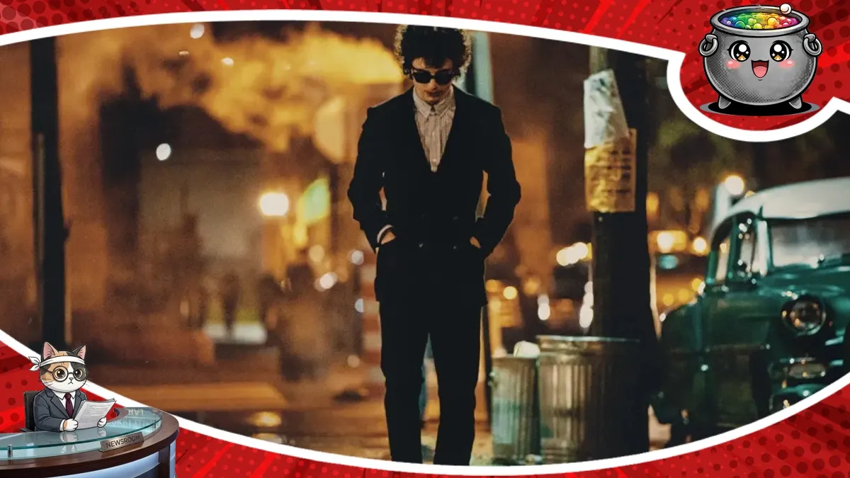 Timothée Chalamet jako Bob Dylan w filmie biograficznym A Complete Unknown, idący nocną ulicą w ciemnym garniturze i okularach przeciwsłonecznych.