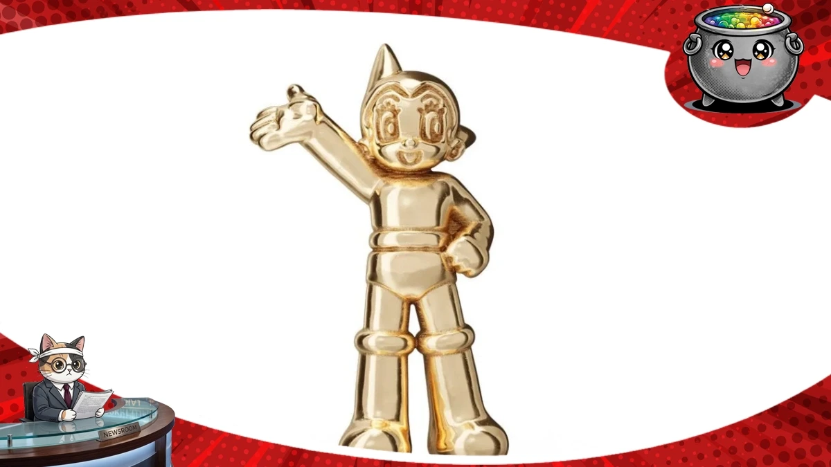 Miniaturowa, ekskluzywna figurka Astro Boya wykonana z 18-karatowego złota, umieszczona wewnątrz ochronnej, przezroczystej kapsuły w kształcie kryształu.
