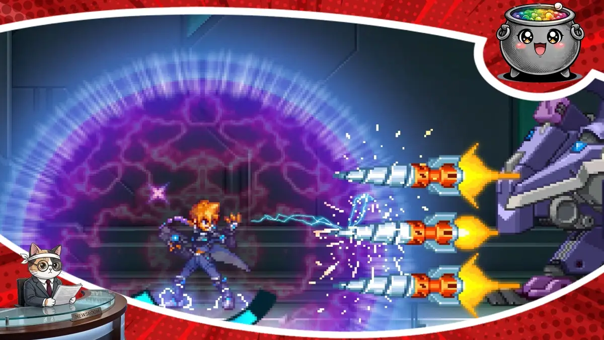 Grafika promocyjna Azure Striker Gunvolt Trilogy Enhanced prezentująca głównych bohaterów serii w dynamicznym stylu 2D. Tytuł trafi na Switch 2 w 2026 roku z nowym trybem fabularnym.