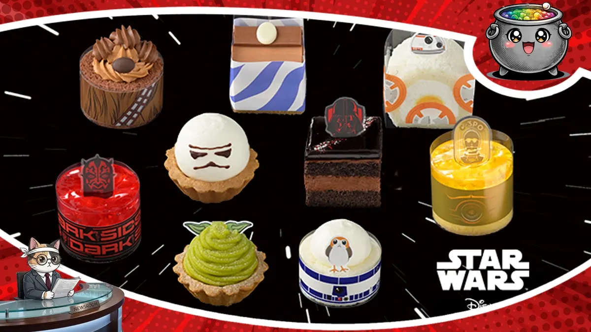 Zestaw różnorodnych, fantazyjnych ciastek i deserów inspirowanych uniwersum Star Wars, w tym motywami z The Mandalorian, szturmowcami oraz robotami R2-D2 i C-3PO.