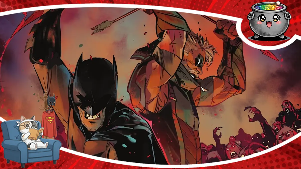 Batman i Green Arrow walczący z hordą wampirów – dynamiczna ilustracja komiksowa do recenzji DC kontra Wampiry.