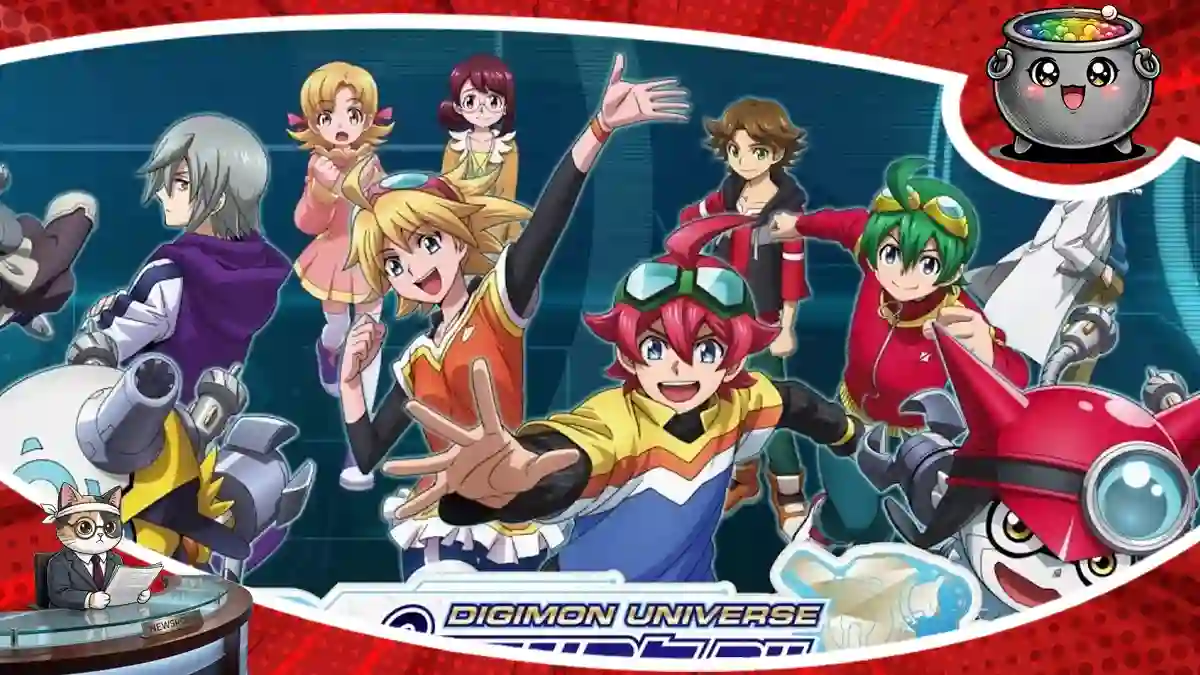 Grafika z gry Digimon Universe Appli Monsters z bohaterami i stworkami Appmon. Dynamiczna akcja w stylu anime promująca fanowskie tłumaczenie.