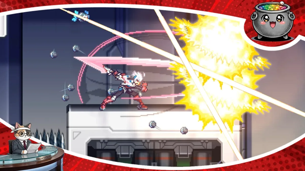 Dynamiczny kadr z rozgrywki w Gunvolt Chronicles: Luminous Avenger iX 3 przedstawiający postać wykonującą atak energetyczny w stylistyce pixel art. Gra zmierza na Switch 2 oraz PC.