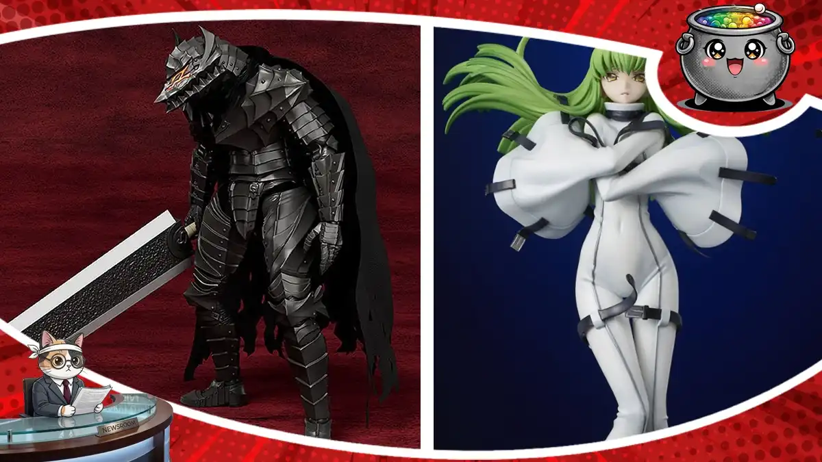 Zestawienie zapowiedzi figurek kolekcjonerskich przedstawiające postać Guts: Berserker Armor w czarnej zbroi oraz C.C. z Code Geass w białym stroju.