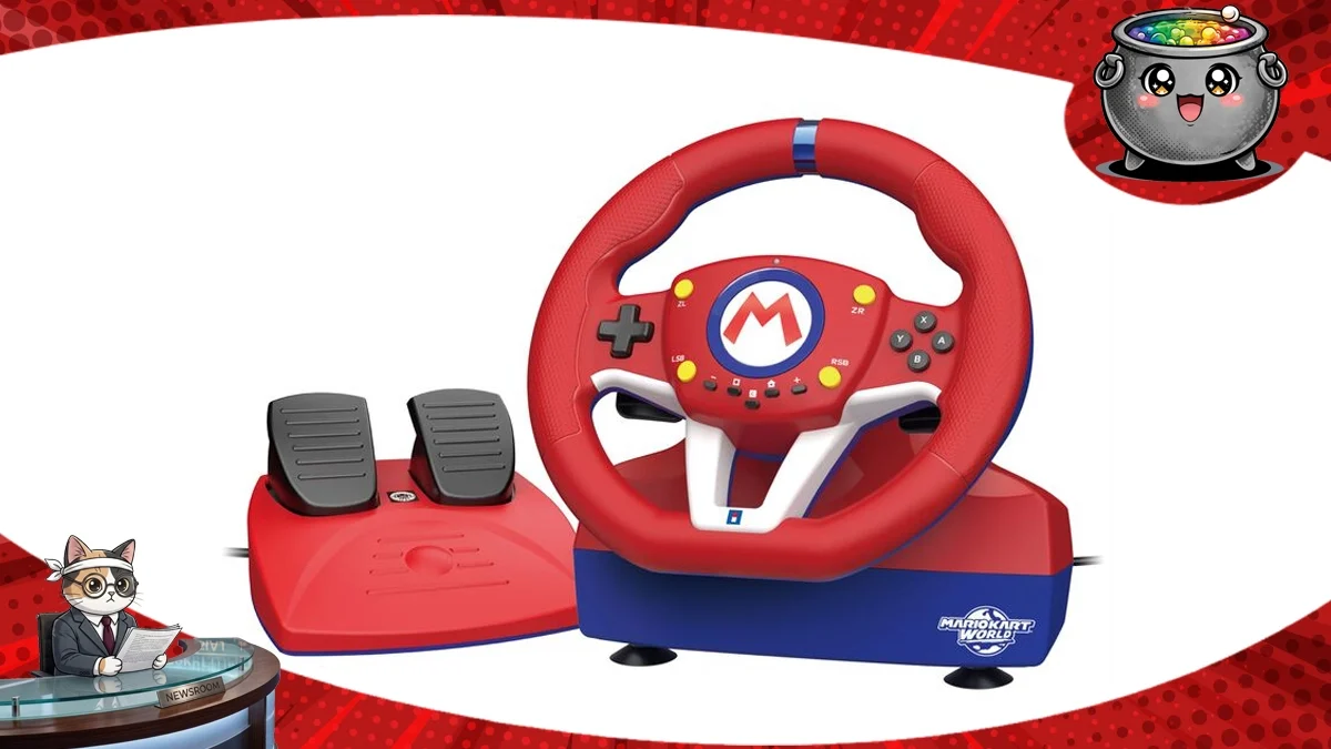 Oficjalna, czerwono-niebieska kierownica i pedały firmy HORI z motywem Mario Kart, przeznaczone na konsolę Nintendo Switch 2, zaprezentowane na grafice promocyjnej.