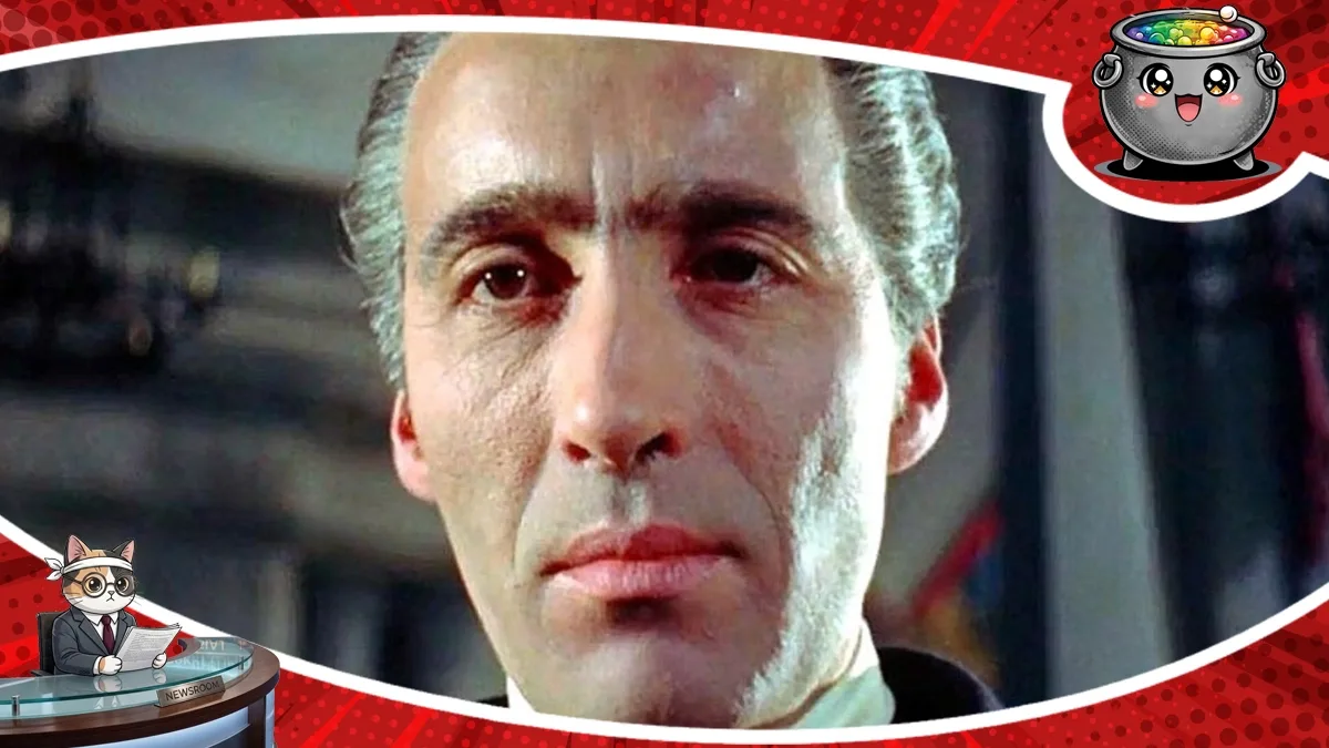 Christopher Lee jako ikoniczny hrabia w klasycznym horrorze Horror of Dracula, który powraca na wielki ekran, zachwycając kolejne pokolenia widzów klimatem grozy.
