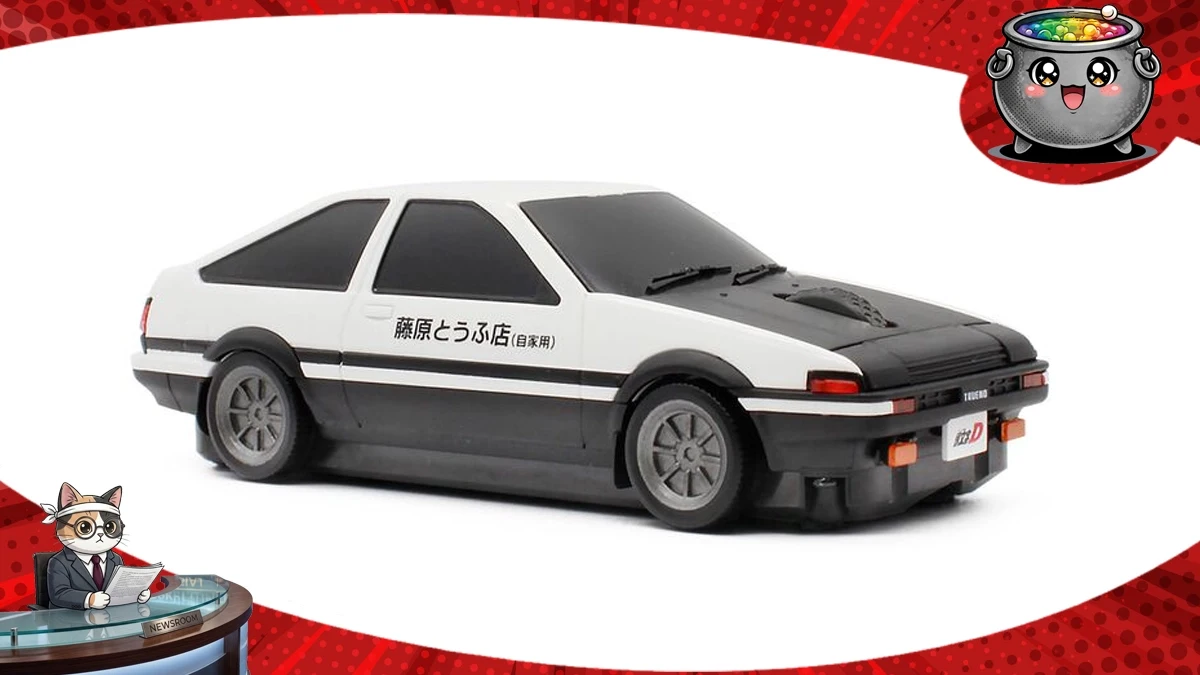 Bezprzewodowa myszka komputerowa w kształcie kultowego samochodu Toyota AE86 z serii Initial D, w charakterystycznym biało-czarnym malowaniu ze skrótem sklepu z tofu.