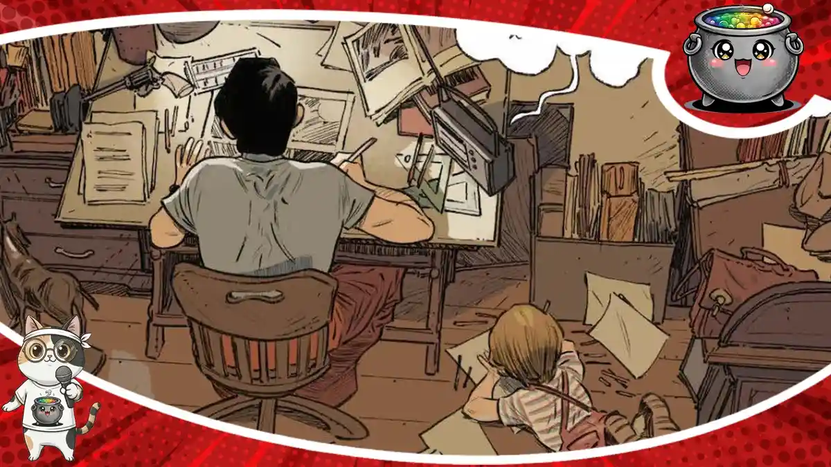 Twórcza pracownia Jordiego Lafebre w kadrze z komiksu, stanowiąca ilustrację do Kociołkowych rozmów o emocjach, pasji do rysowania oraz wolności w procesie tworzenia.