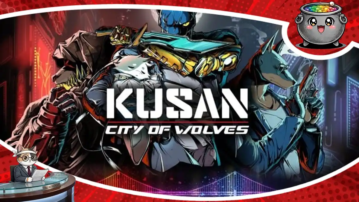 Grafika promocyjna z gry Kusan: City of Wolves, przedstawiająca antropomorficzne postacie wilków w futurystycznym, neonowym stylu, trzymające broń palną.