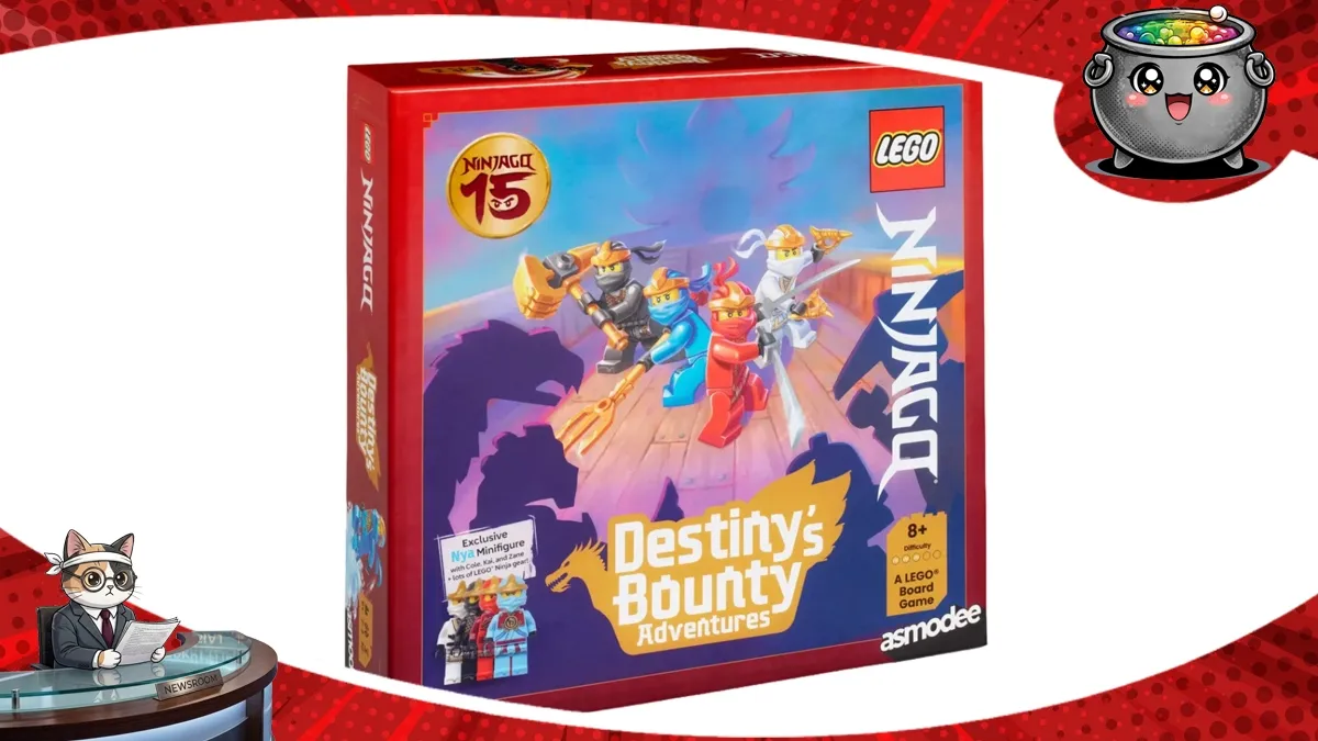 Opakowanie nowej kooperacyjnej gry planszowej Lego Ninjago Destiny's Bounty Adventures z ekskluzywną figurką Nyi, świętujące jubileusz 15-lecia popularnej serii klocków.