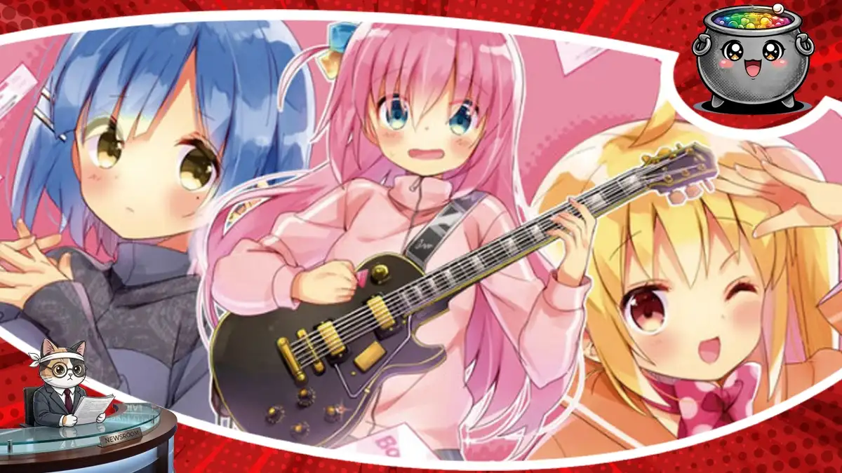 Kolorowa ilustracja informująca, że manga Bocchi the Rock! wraca do serializacji, przedstawiająca Hitori Gotou z gitarą w otoczeniu przyjaciółek.