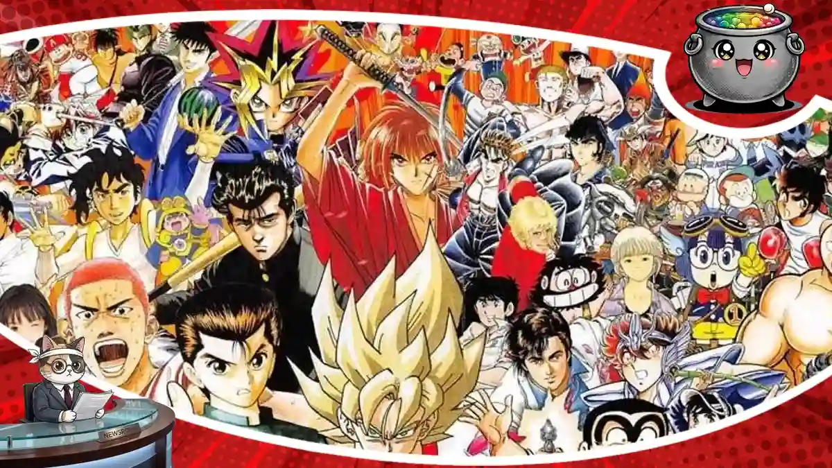 Kolorowy kolaż z klasycznymi bohaterami mang wydawanych w Shonen Jump, takimi jak Goku, Kenshin, Yusuke i Hanamichi Sakuragi, ilustrujący newsa o mrocznej stronie magazynu.