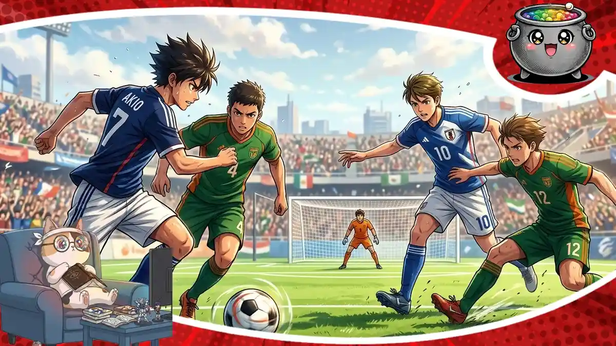 Dynamiczny kadr z anime o piłce nożnej przedstawia zaciętą akcję na boisku, gdzie zawodnicy w niebieskich i zielonych strojach walczą o piłkę przed bramką.