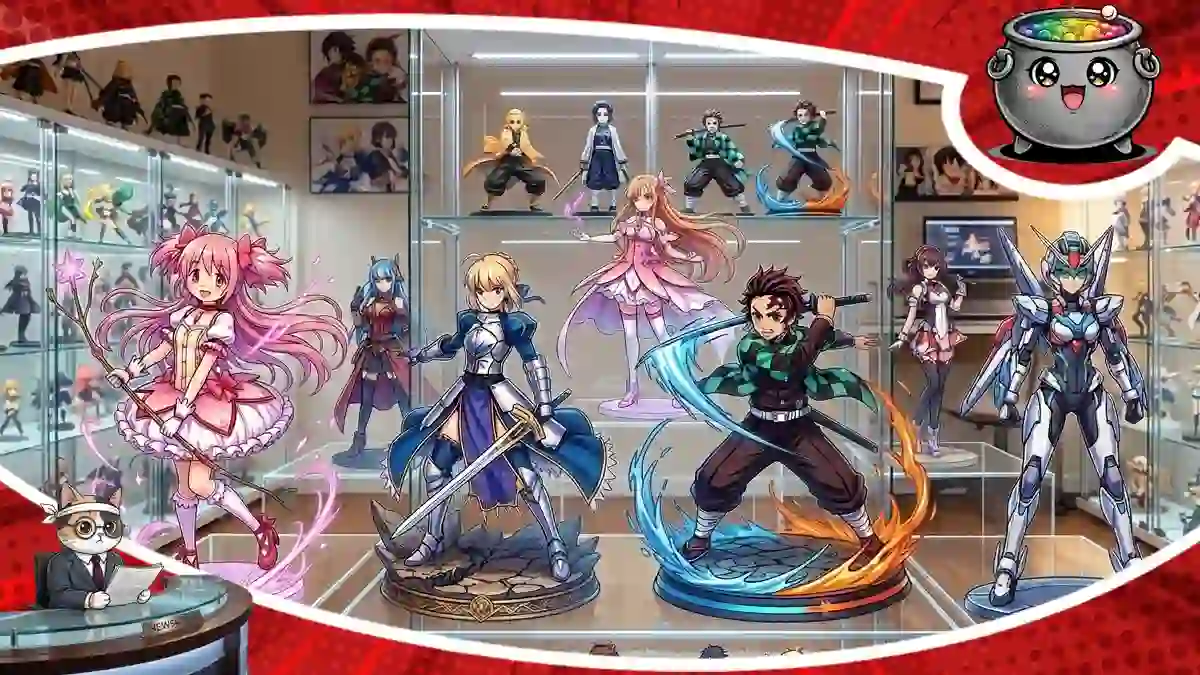 Kolekcja nowych, szczegółowych figurek anime prezentowana na jasnych półkach ekspozycyjnych. Dynamiczne i eleganckie statuetki z popularnych serii.