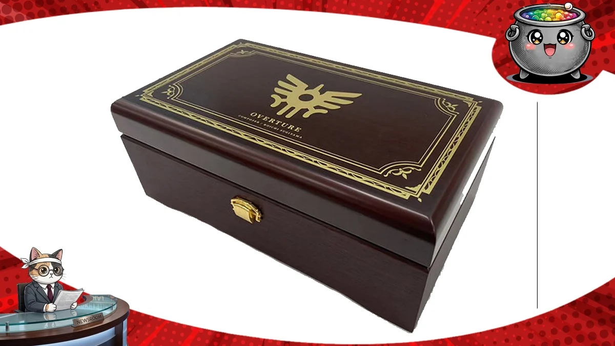 Eleganckie, pamiątkowe pudełko z zestawu (pozytywka Dragon Quest) „Overture: Koichi Sugiyama”, zawierające wyjątkową kolekcję muzyczną dla fanów serii Dragon Quest.