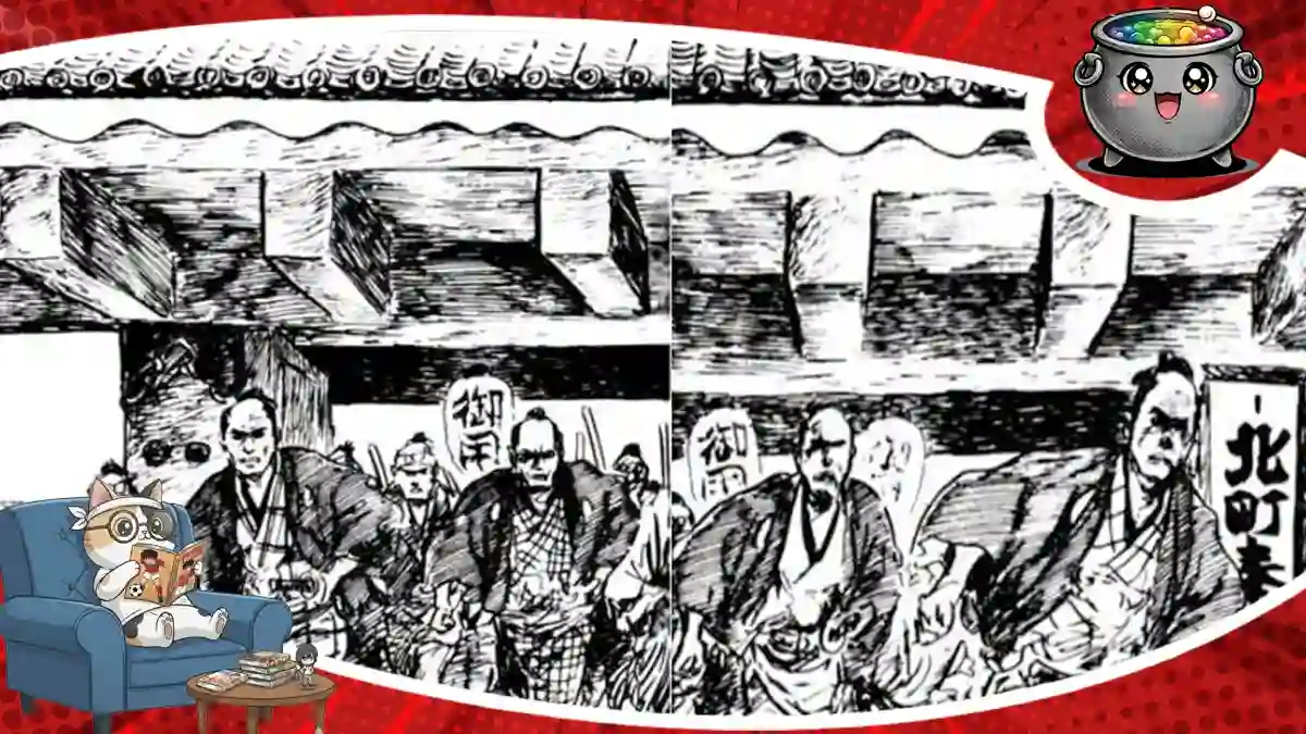 Dynamiczny, czarno-biały kadr z manga Poranek ściętych głów tom 5 ukazujący grupę uzbrojonych samurajów i wojowników w tradycyjnych strojach z epoki Edo.