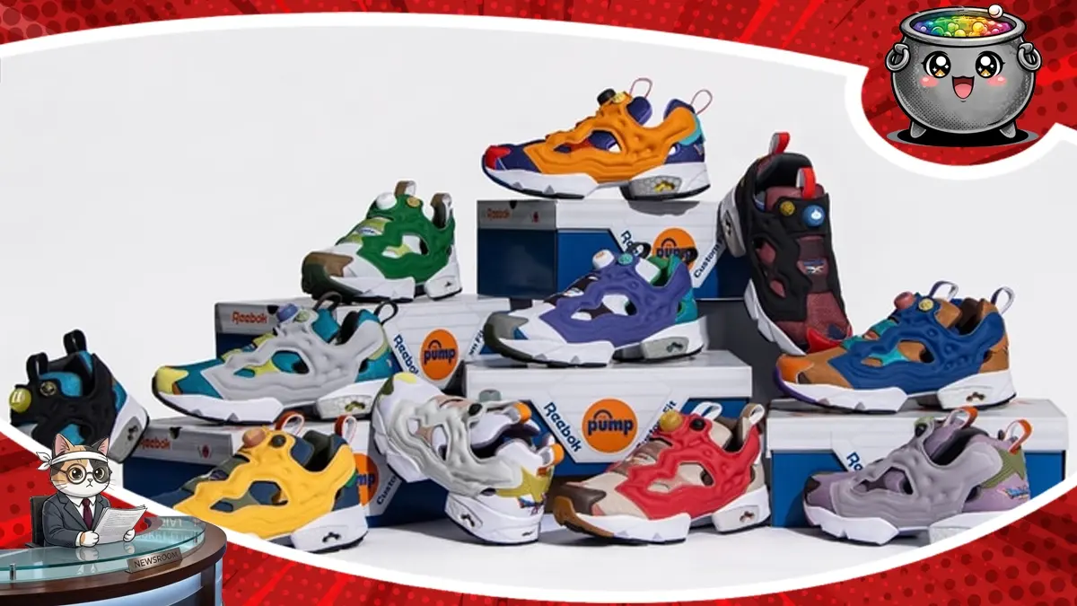 Kolekcja kolorowych sneakersów Reebok Pump inspirowanych serią Dragon Quest, ustawionych na pudełkach, prezentująca unikalne wzory na 40-lecie kultowej japońskiej marki gier.
