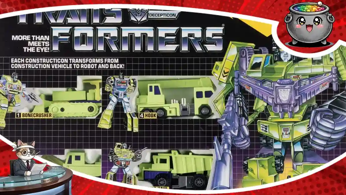 Klasyczne, kolekcjonerskie retro zabawki Transformers przedstawiające oryginalny zestaw zabawek Constructicons tworzących potężnego Devastatora w oryginalnym opakowaniu.