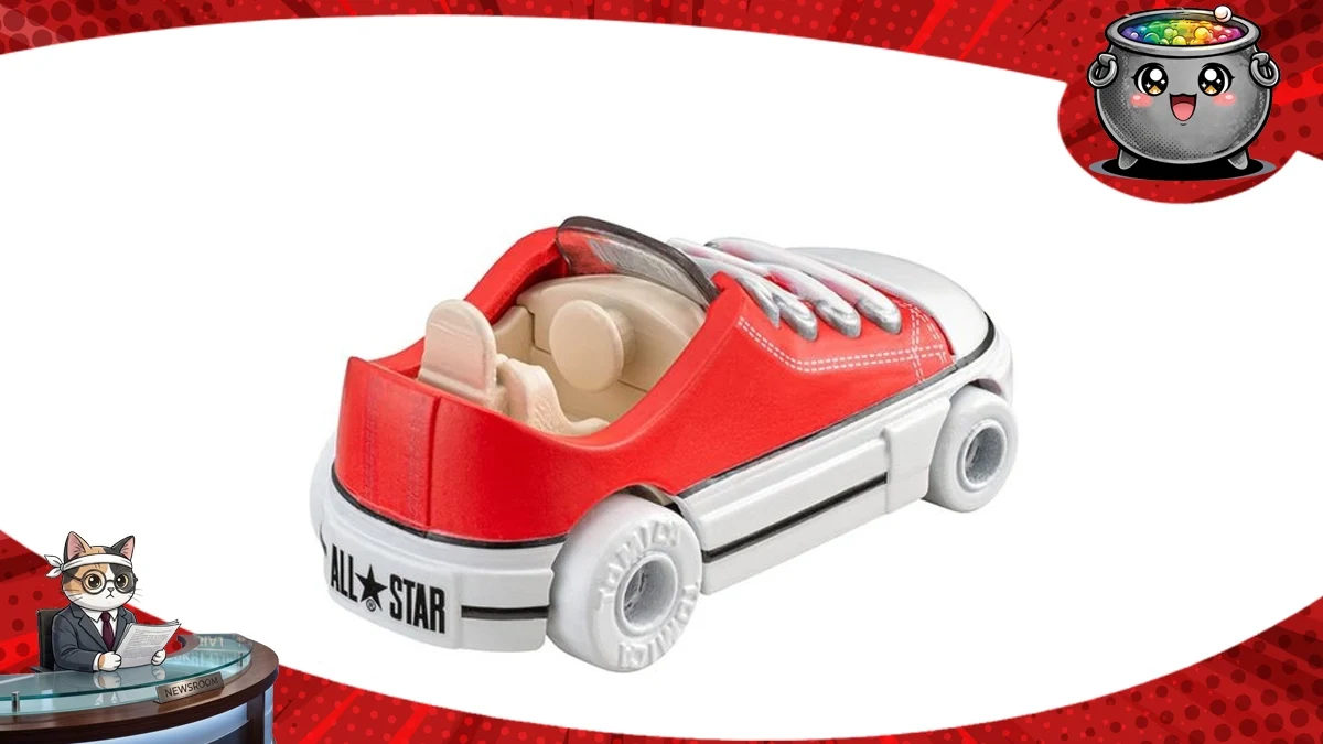 Zabawkowy czerwono-biały kabriolet w kształcie kultowego trampka z serii Samochodziki Converse Dream Tomica, ukazujący detale wnętrza i logo All Star.