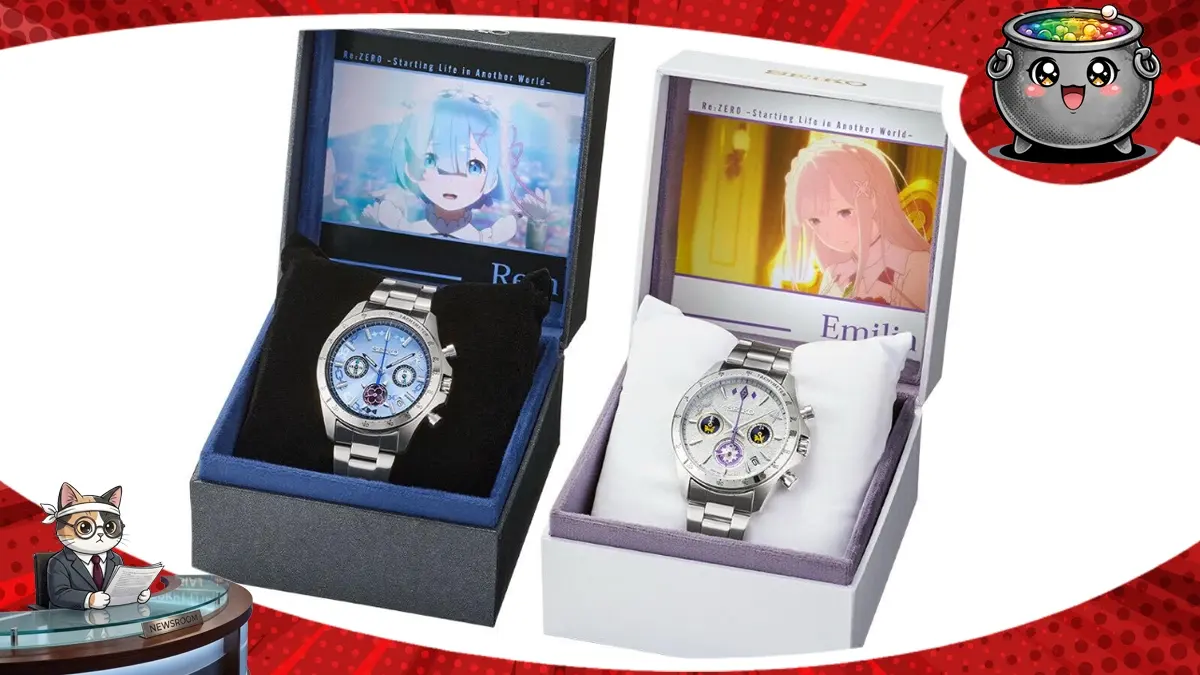 Dwa kolekcjonerskie zegarki naręczne marki Seiko w ozdobnych pudełkach, inspirowane postaciami Rem i Emilii z serii anime Re:Zero – Starting Life in Another World.