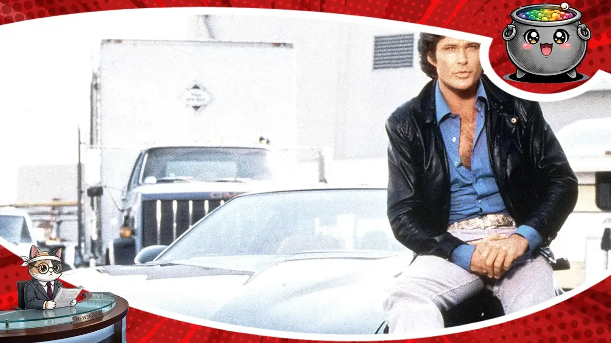 Michael Knight siedzący na masce KITT w kadrze z zapowiedzi pasjonującego serial dokumentalny Knight Rider: Declassified o kultowej produkcji z lat 80.
