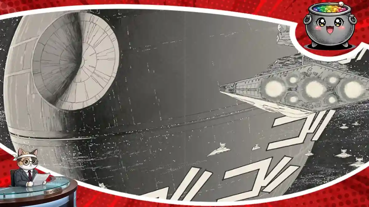 Czarno-biały kadr z mangi Star Wars: A New Hope przedstawiający Gwiazdę Śmierci i niszczyciel Imperium. Klasyczna scena z Gwiezdnych Wojen w japońskim stylu.